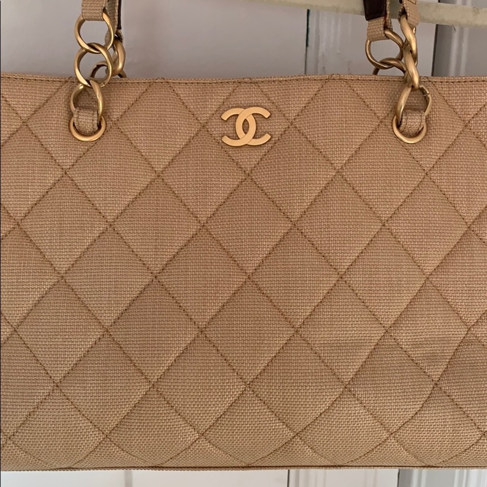 Authentic CHANEL beige canvas tote bag 15 L × 9 1/2  tall - Picture 4 of 13